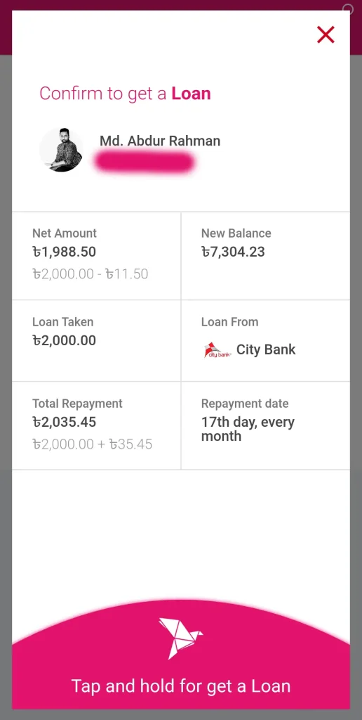 bKash Loan Confirm and proceed